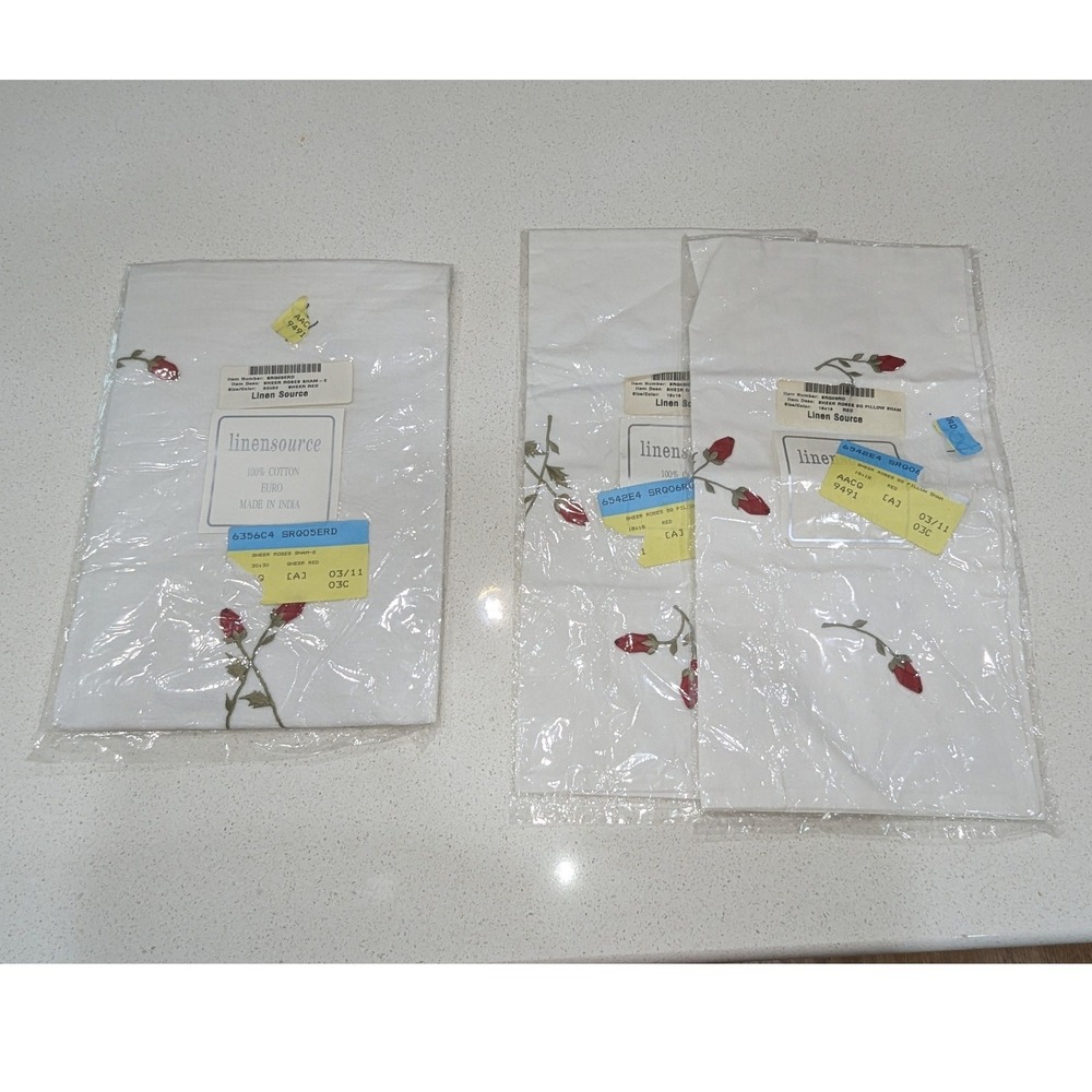 Linen Source Pillow Sham Set White Sheer Roses Cotton Euro & Square 3pc NOS 90s